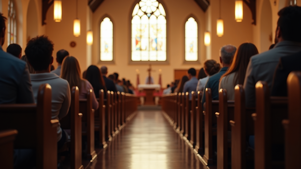 Eye-level view of a church sanctuary filled with people during worship