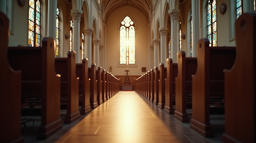 Eye-level view of a serene church interior with stained glass windows