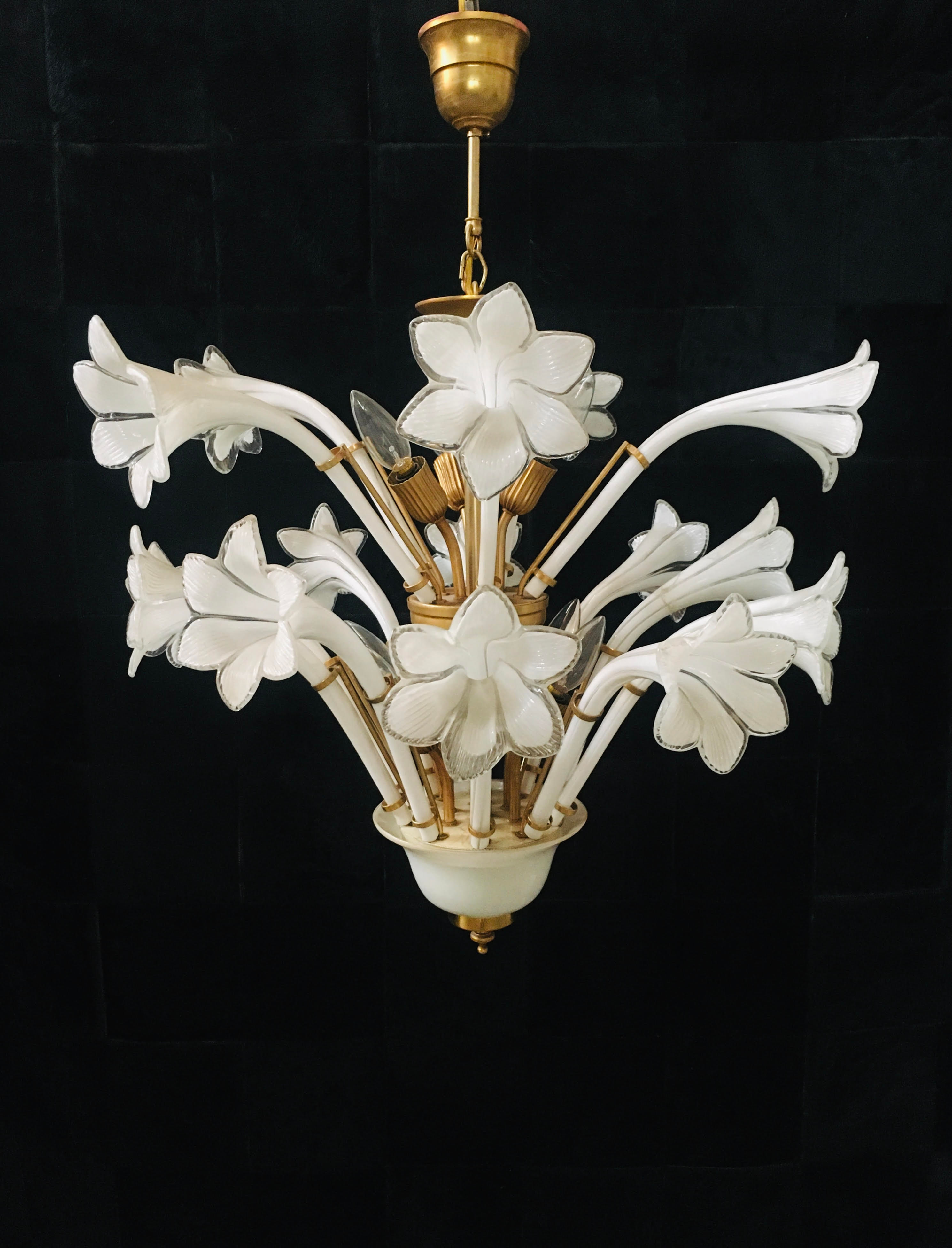 Mid Century Italian Murano White Florals Art Glass Chandelier