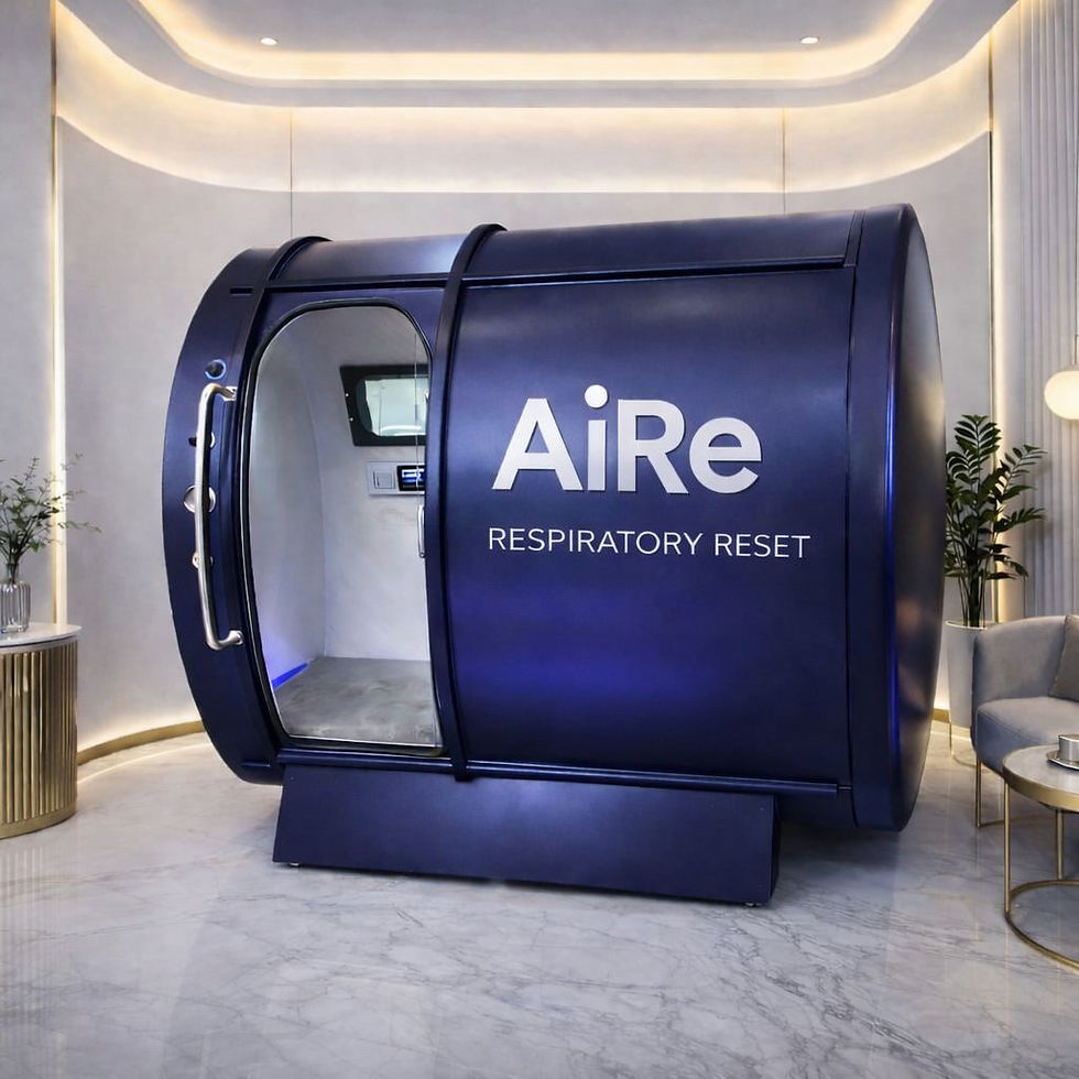 Eye-level view of a modern hyperbaric oxygen therapy chamber in a wellness center
