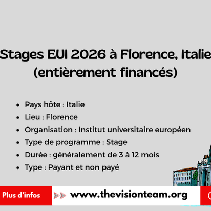 Stages EUI 2026 à Florence, Italie (entièrement financés)