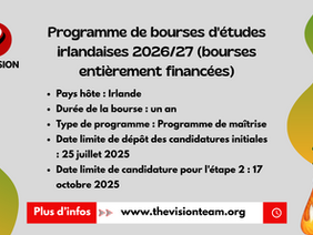 Programme de bourses d'études irlandaises 2026/27 (bourses entièrement financées)