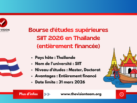 Bourse d'études supérieures SIIT 2026 en Thaïlande (entièrement financée)