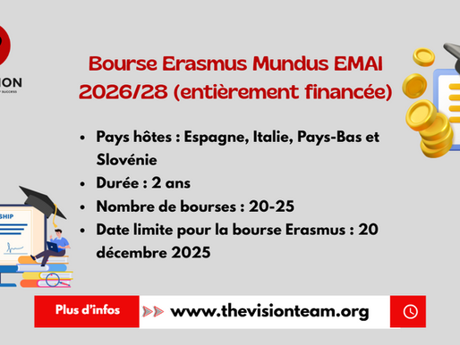 Bourse Erasmus Mundus EMAI 2026/28 (entièrement financée)
