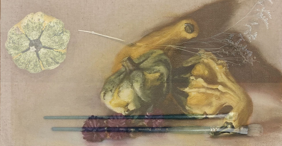 Oil painting of decorative squash from direct observation, on a back ground of dried flowers, decorative squash and paint brushes
