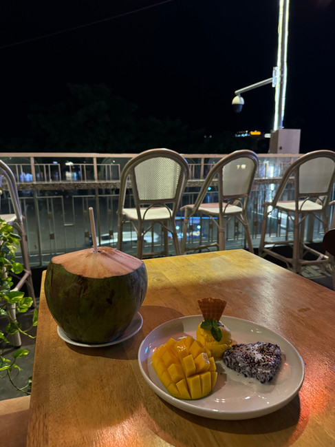 Desserts and a fresh coconut at La Croisette in Phnom Penh
