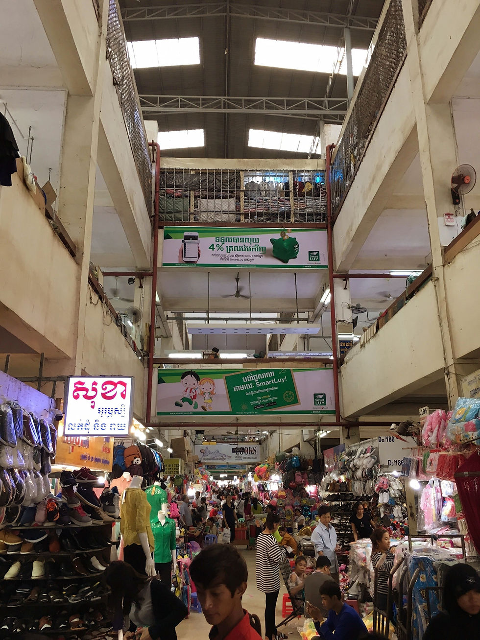 Vendors selling their merchandise across different levels at Olympic Market in Phnom Penh