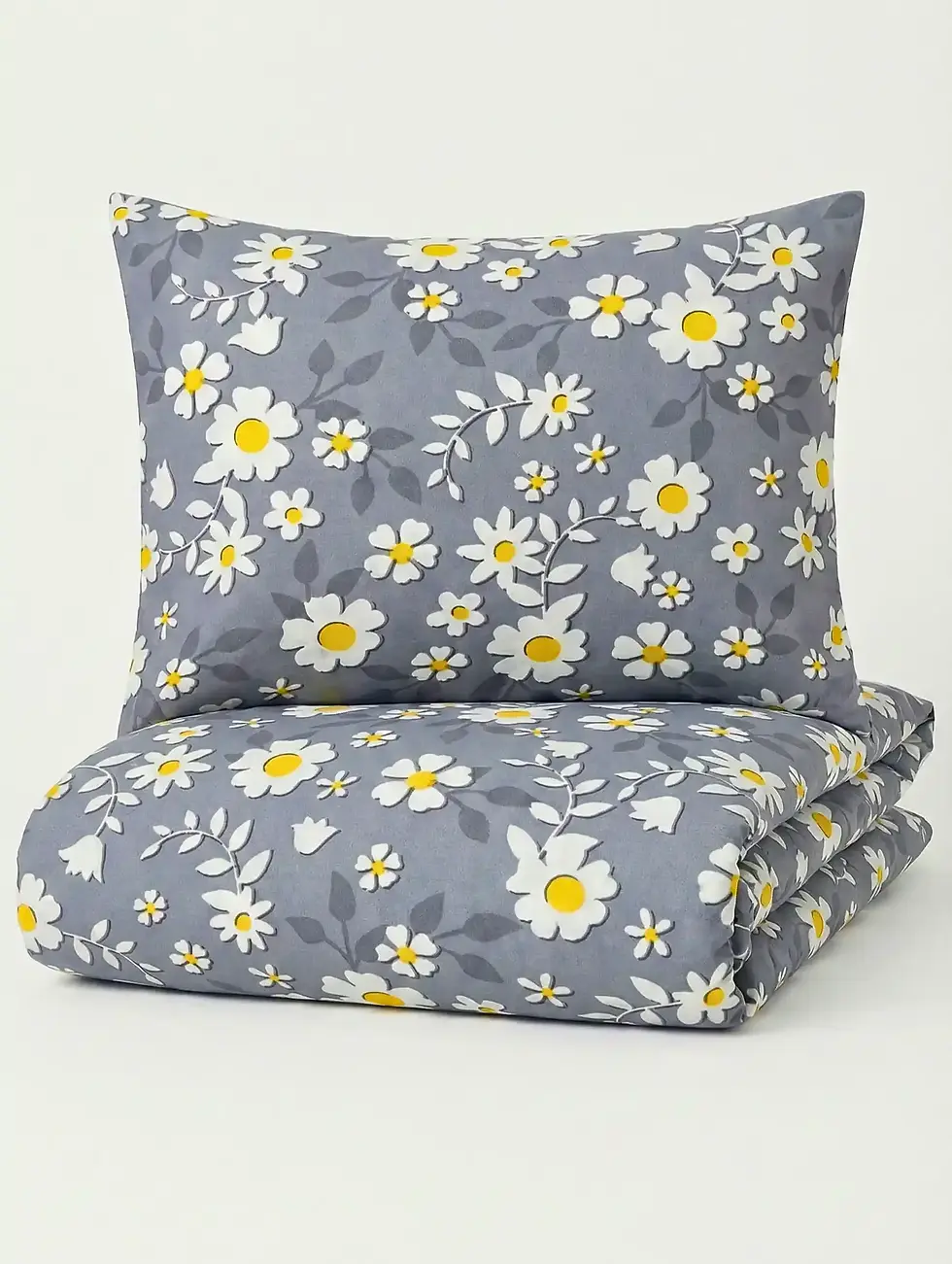 %100 Pamuk Gri Papatya Desenli Lastikli Çarşaflı Nevresim Takımı