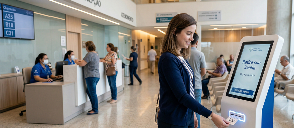 A imagem mostra uma recepção de hospital com atendimento organizado. Em destaque, uma mulher está usando um totem de autoatendimento para retirar uma senha, enquanto ao fundo aparecem balcões de recepção, pessoas aguardando atendimento e um painel com chamadas de senhas.