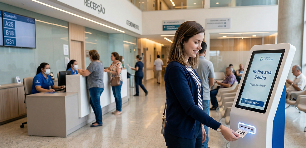 A imagem mostra uma recepção de hospital com atendimento organizado. Em destaque, uma mulher está usando um totem de autoatendimento para retirar uma senha, enquanto ao fundo aparecem balcões de recepção, pessoas aguardando atendimento e um painel com chamadas de senhas.