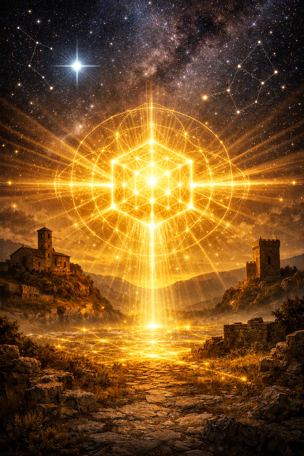 Glowing geometric shape in starry sky over ancient ruins, emitting golden light onto rocky path. Magical and mystical atmosphere.