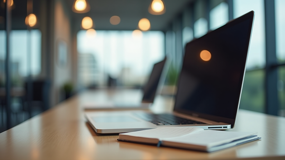 Eye-level view of a modern office workspace with a laptop and notebook