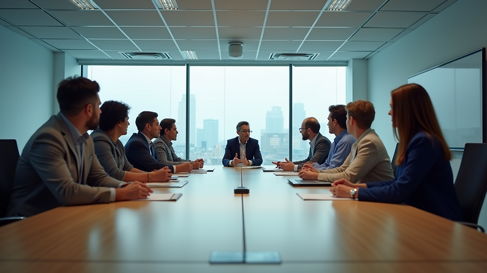 Eye-level view of a modern office meeting room with a performance review in progress