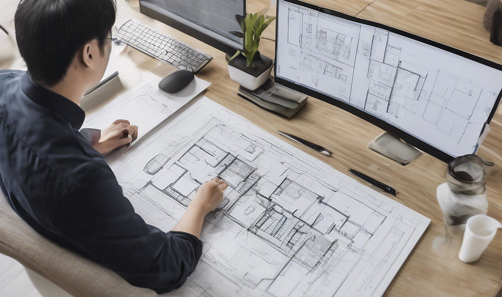 shows an asian using computer to design cad floor plan.jpg
