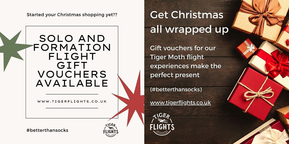 Two adverts for Christmas gift vouchers. One is white with green and red stars. The other has Christmas gifts on a wooden floor.