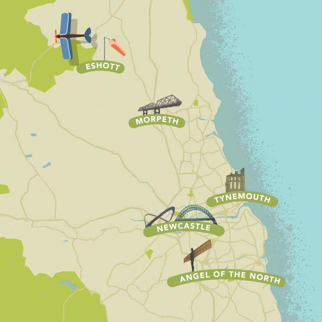 An animation of a blue vintage de Havilland Tiger Moth flying over a Northumberland map south to Newcastle which shows castles and landmarks.