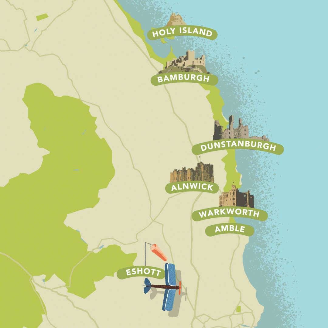 An animation of a blue vintage de Havilland Tiger Moth flying over a Northumberland map which shows castles and landmarks.