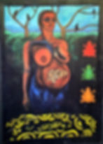 A preganant woman in a rain forest, the baby is visible like a scan, a yellow and black snake and tree frogs are both sinister and protective.