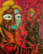 A self portrait in body paint, the face in close up, with a full length figure behind in the style of Matisse the red room