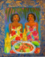 Painting of a food stall in a Mexican market, two women in brightly coloured dresses serve shrimp soup