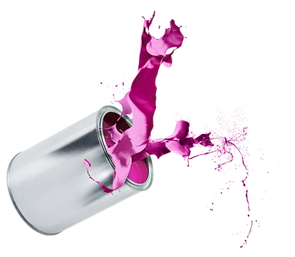 A silver paint can falls and spills magenta paint