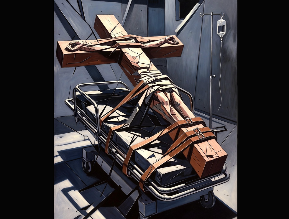 A wooden cross with figure tied lies on a hospital gurney, an IV stand beside it. Stark lighting creates a dramatic, somber mood.