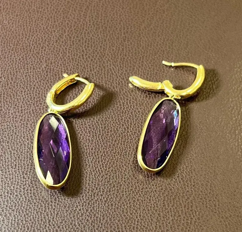 Thumbnail: 14K Yellow Gold Earrings-Amethyst Stone