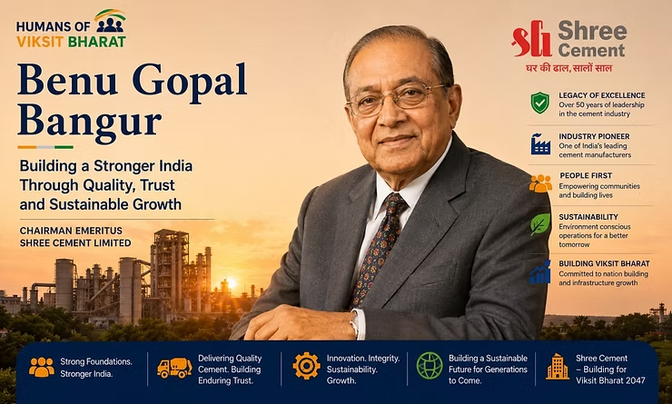 Benu Gopal Bangur & Family, leaders of Shree Cement, highlighting their contribution to India's cement industry, infrastructure development, sustainable manufacturing.