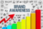 This image shows the words brand awareness at the top of the page. There are several little graphics surrounding the text as well as an arrow going up and a group of increasingly taller bars.