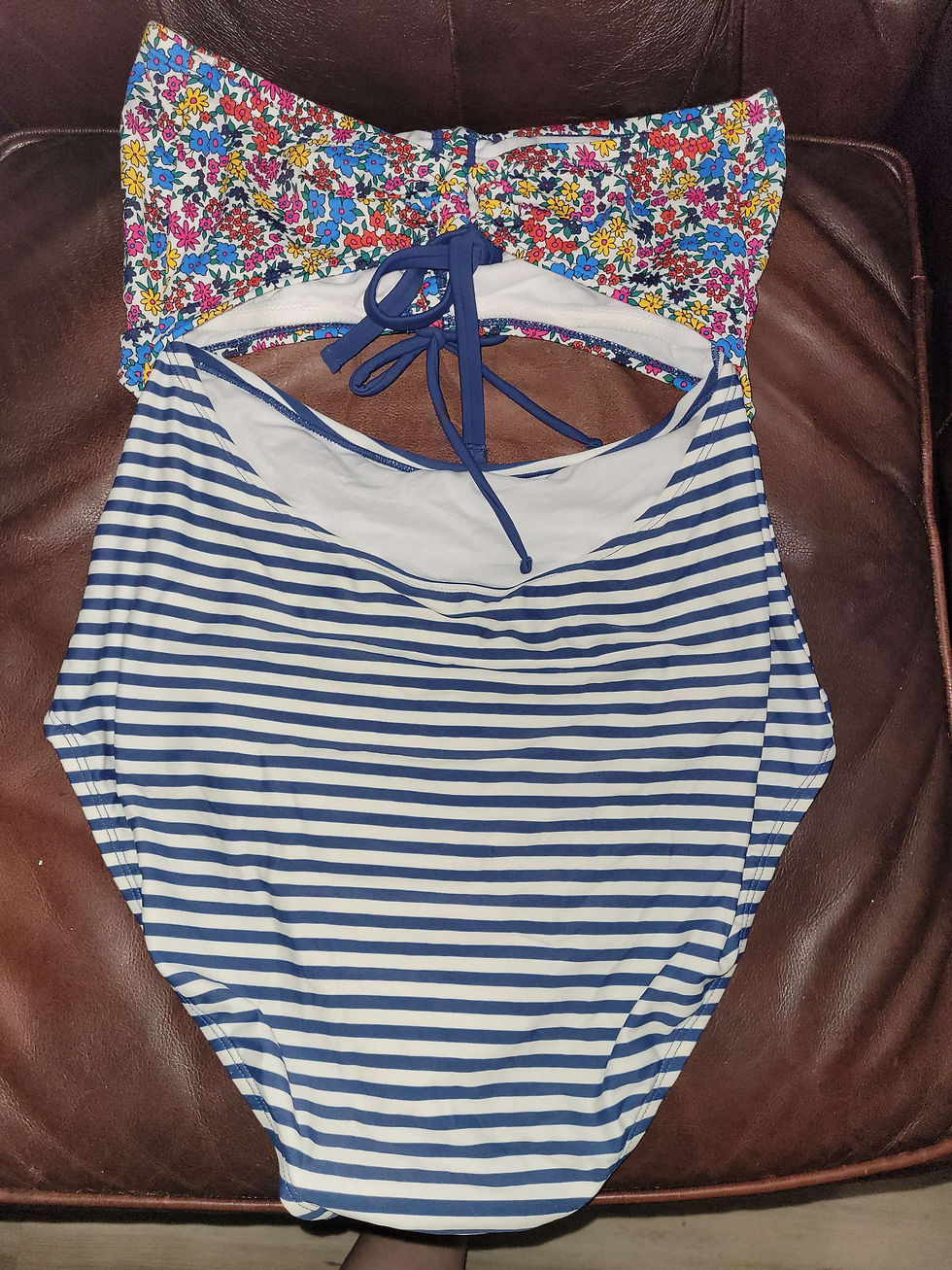 Thumbnail: Time and Tru Floral and Blue Striped One-Piece Swimsuit Sz L (12/14)