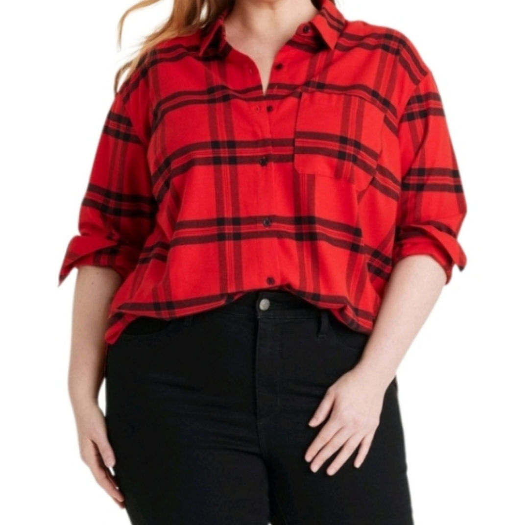 Ava & Viv Women's Red/Black Plaid Plus Sz 2X Blouse 