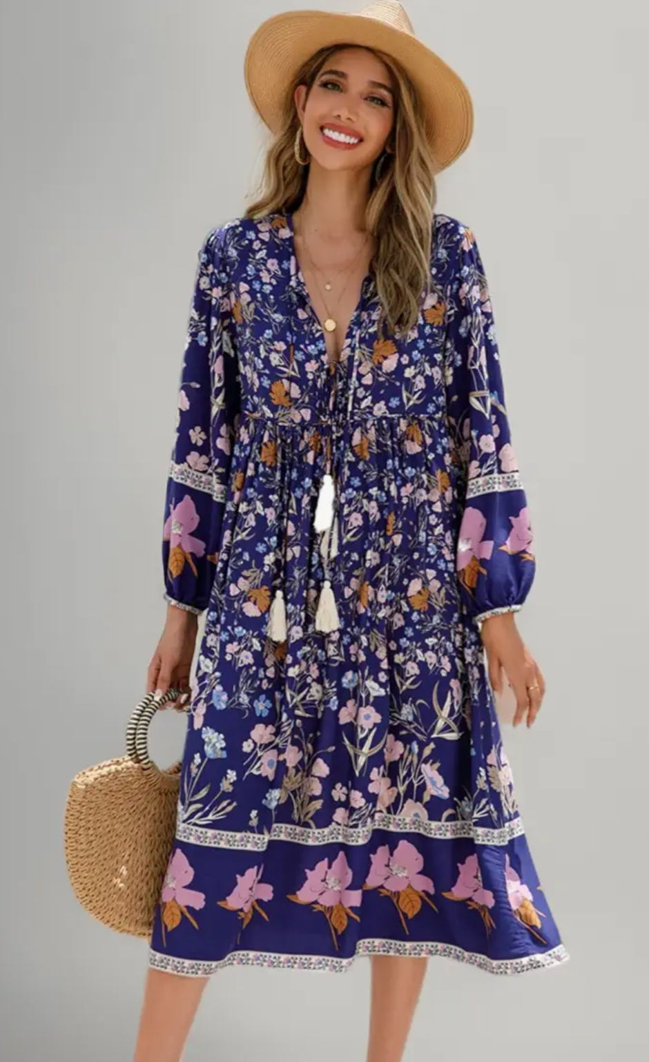 Thumbnail: R.Vivimos Women's Long Sleeve Floral Print Retro V Neck Tassel Bohemian Midi Dre
