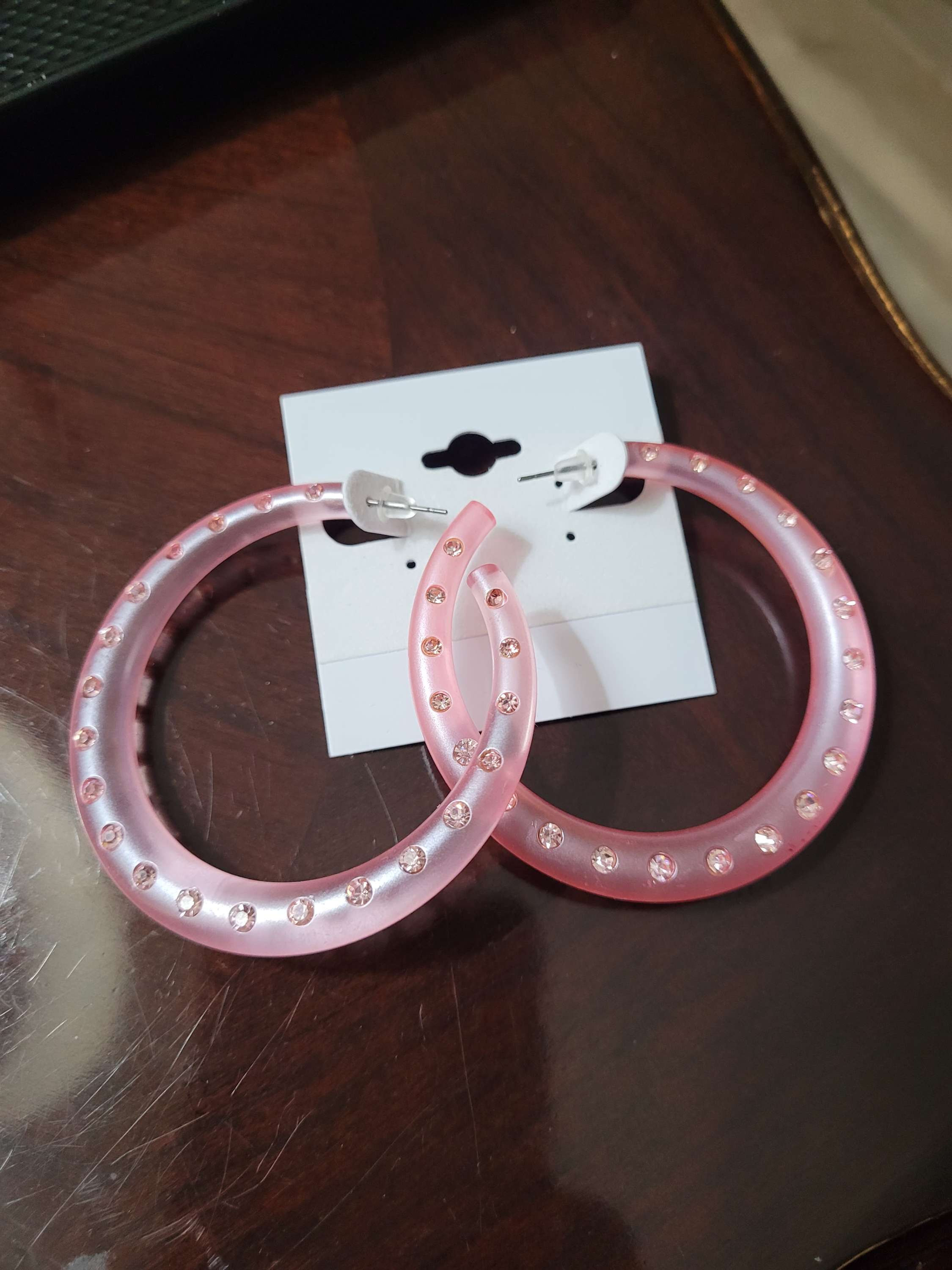 Acrylic Resin Clear Pink Rhinestone Hoop Earrings 