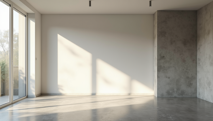 Eye-level view of polished concrete floor in a bright living room with natural light