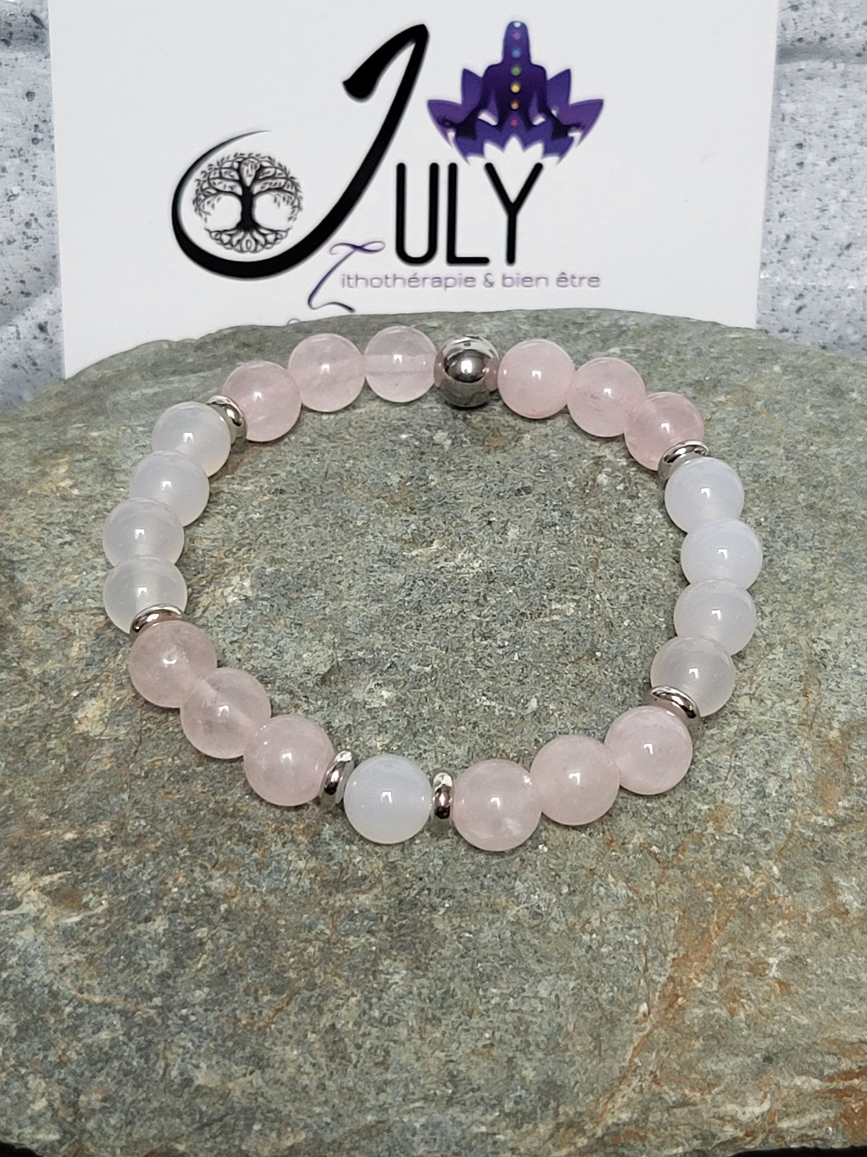 N69 / Bracelet Agate Blanche et Quartz Rose