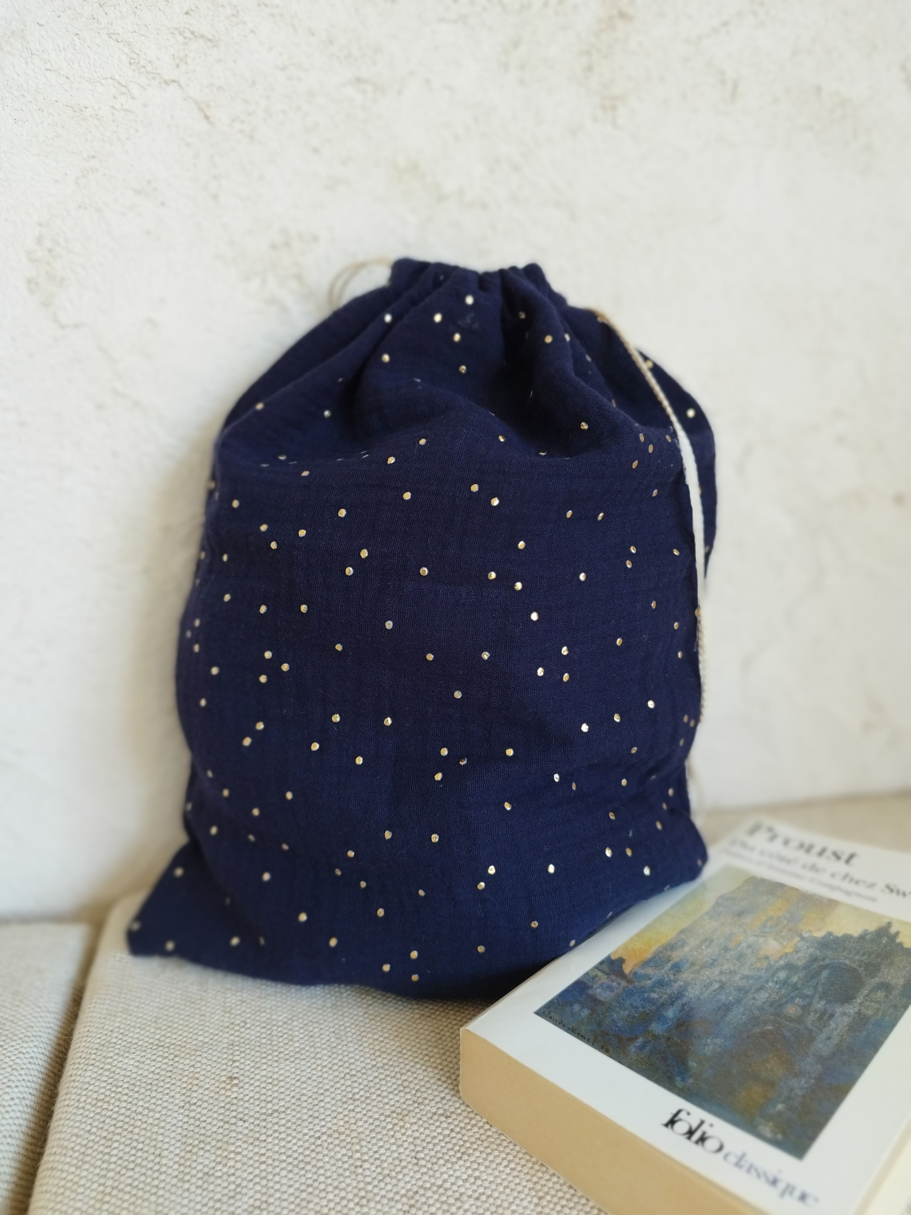Pochon.sac de rangement en gaze bleu marine