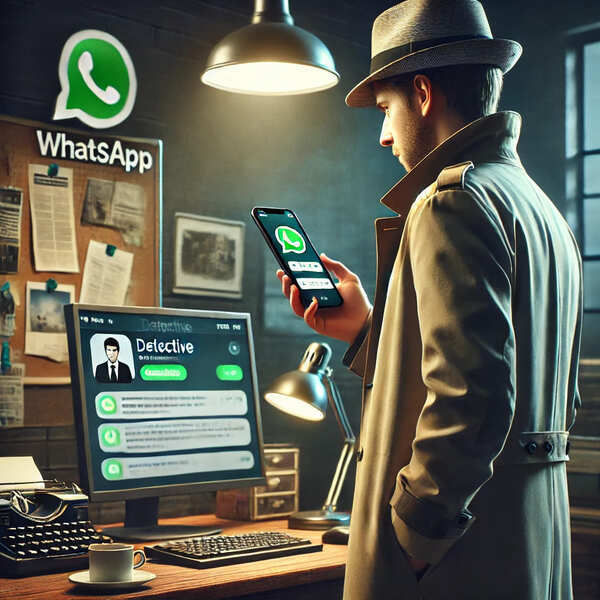 Homem jovem, vestindo a rigor e com um chapéu que combina com suas roupas bejes, está em pé ao lado da mesa do escritório, em frente a tela vídeo do computador com a imagem de um homem e ao lado a palavra Detective, e abaixo uma relação de conversas no WhatsApp. Ele segura um celular na mão direita, olhando fixamente nele, e a outra mão no bolso. Acima da referida tela há quadro na parede com várias anotações nele fixadas. A imagem representa o Detetive do WhatsApp Brasil, um investigador experiente e determinao a encotrar a verdade em cada caso investigado.