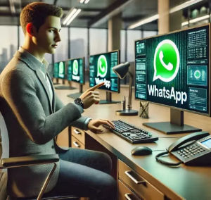 Imagem ilustrativa de um detetive digital investigando traições no WhatsApp. Ele está em um escritório moderno, analisando informações em vários monitores com o logotipo do aplicativo, representando a busca por evidências em conversas suspeitas, na busca de descobrir traição virtual.