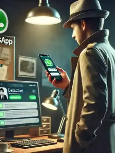 Detetive particular com formação em tecnologia analisando dados em um smartphone e computador, atuando como investigador do WhatsApp Brasil especialista em monitoramento digital e descoberta de traição virtual.