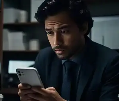 Homem de terno concentrado analisando mensagens em um smartphone em uma sala de monitoramento com arquivos ao fundo, ilustrando a atuação de um detetive hacker especialista em segurança digital.