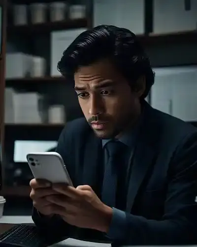 Homem de terno concentrado analisando mensagens em um smartphone em uma sala de monitoramento com arquivos ao fundo, ilustrando a atuação de um detetive hacker especialista em segurança digital.