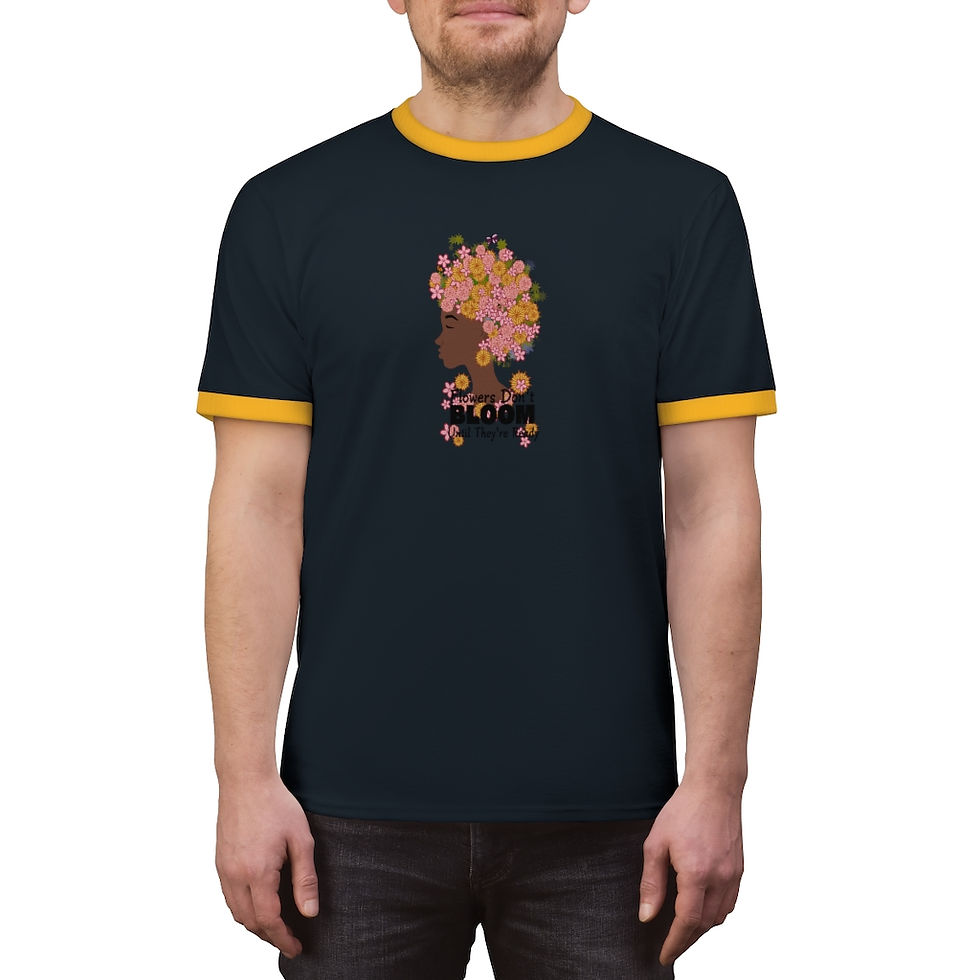Thumbnail:  Flowers Don't Blossom Unisex Ringer Tee