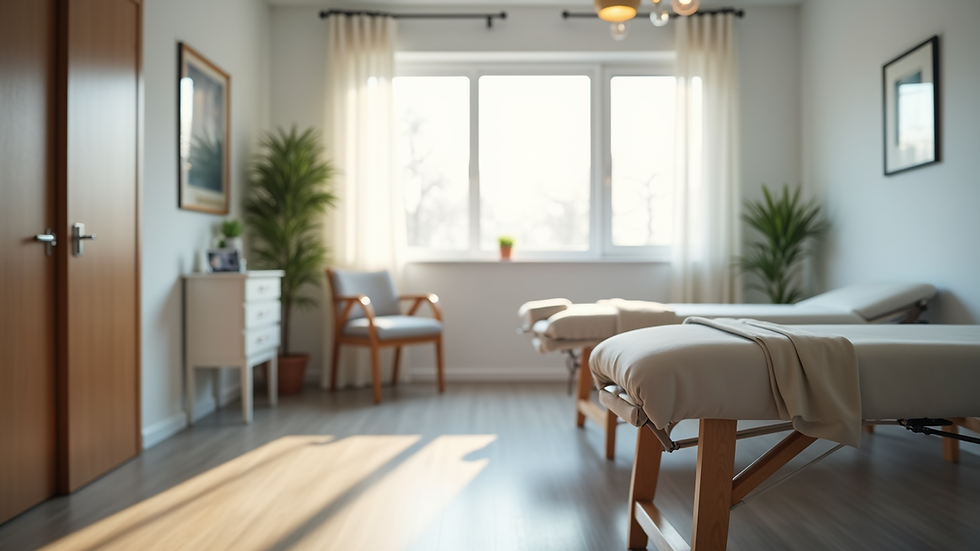 Eye-level view of a chiropractic clinic interior with treatment tables