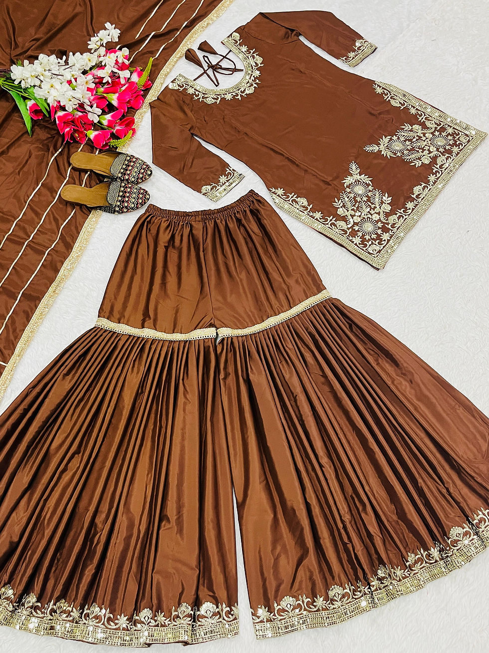 Thumbnail: Designer Party Wear Set – Top, Sharara Palazzo & Dupatta