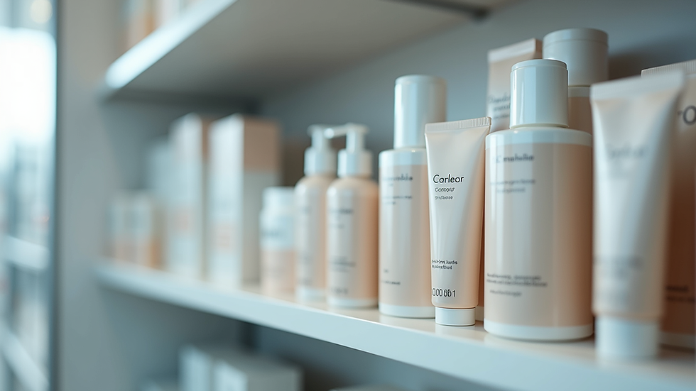 Close-up view of dermocosmetic products on a pharmacy shelf