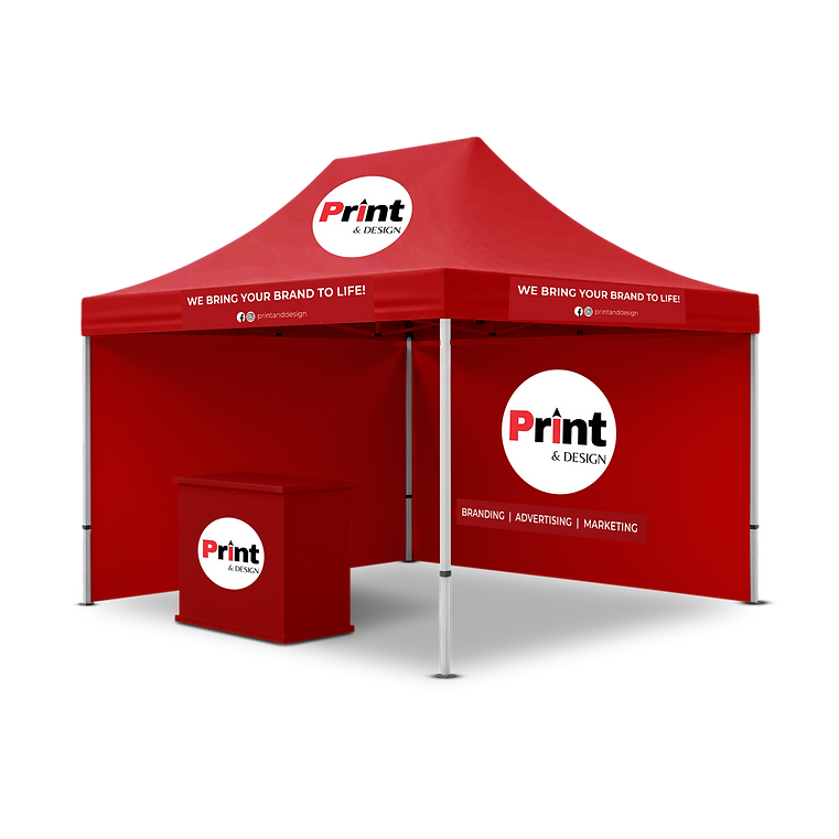 A pop up tent with a custom canopy in red, aluminum frame, one full wall, two side walls and a branded table