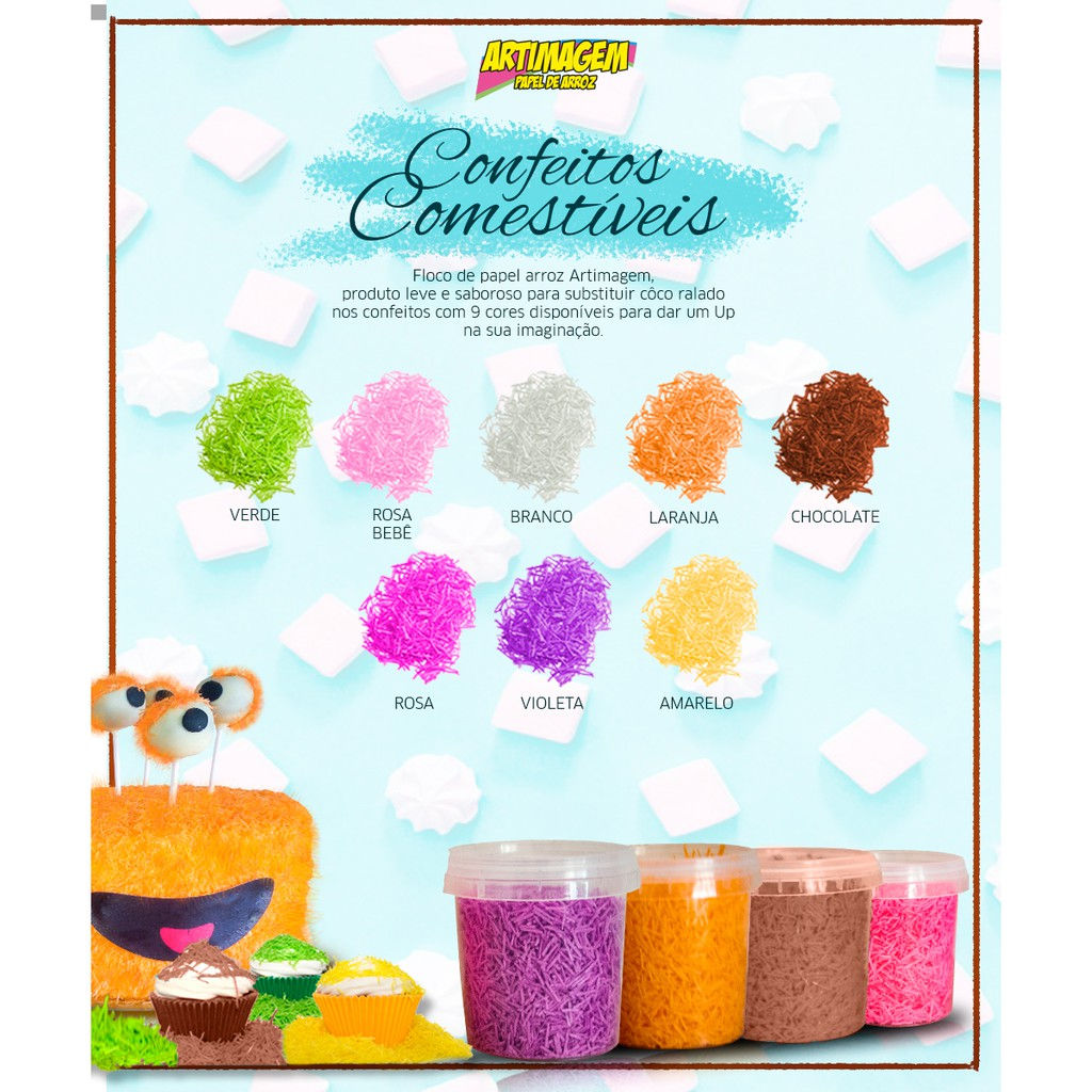 Artimagem Flocos De Papel Arroz Comestíveis (Pote com 35G) - Várias cores