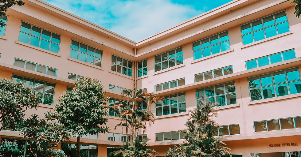 Uma escola de cor rosa com algumas árvores.