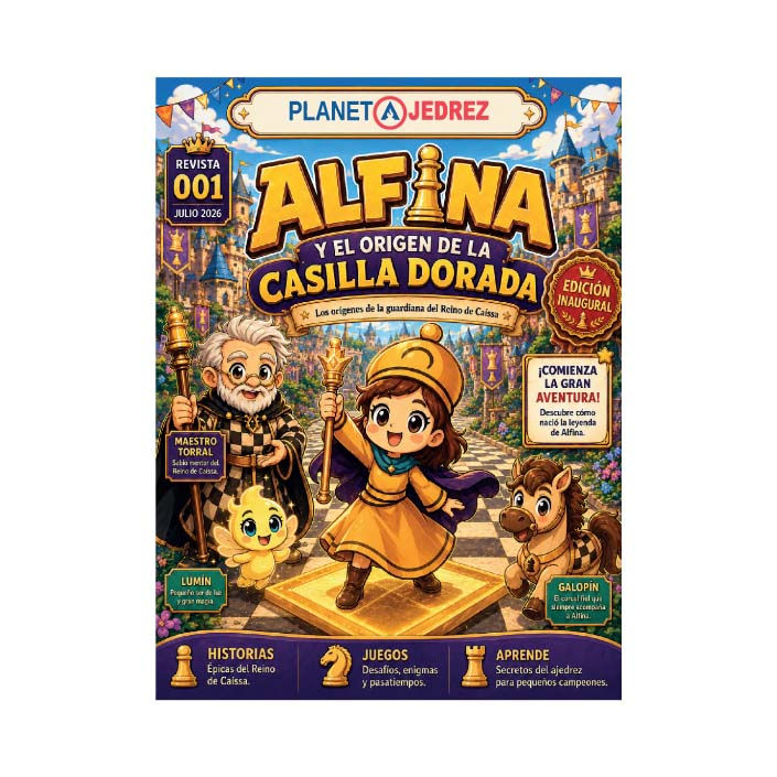 Miniatura: Revista digital ALFINA número 01 de PLANETAJEDREZ con portada infantil de aventura ajedrecística.