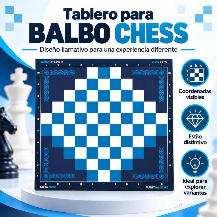 Tablero para Balbo Chess en vinil enrollable azul con coordenadas algebraicas visibles